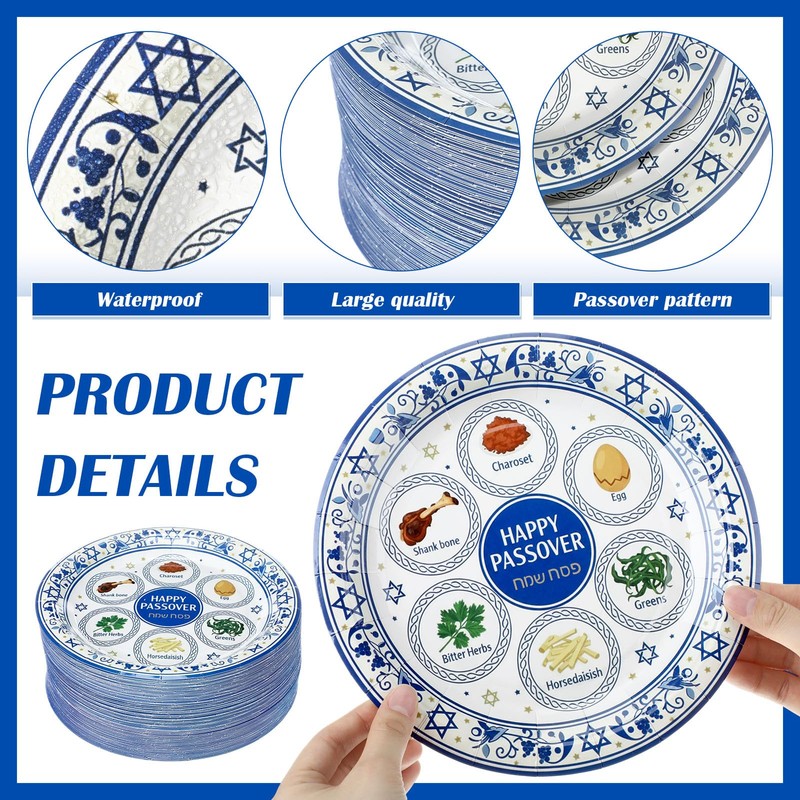 100 Pcs Passover Paper Plates 9 Inch Disposable Pesach Dinnerware
