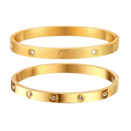 Gold Bracelets for Women - 2Pcs 18K Gold Plated Love Cubic Zirconia Bangle Crystal Friendship Bracelet Jewelry,Wedding Party Christmas Valentine's Day Birthday Gifts for Her Girlfriend Sister