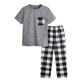 Verdusa Men's 2 Piece Loungewear Pajama Set Plaid Print Short Sleeve Tee Top and Pants Set Grey Large