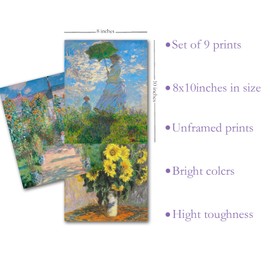 9Pcs Claude Monet Artwork Paintings Art Posters,Water Lilies Monet Prints, Monet Artwork for Walls, Claude Famous Art Prints Posters, 8X10inch,Unframed