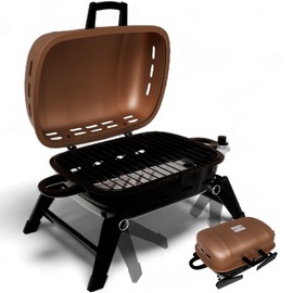 Gas One GasOne Tabletop Propane Grill C Portable Grill Propane with Heat Resistant Handles, Large Cooking Surface C User Friendly Temperature Control Knob Portable Gas Grill for RV, Camping, Home C Tan Brown