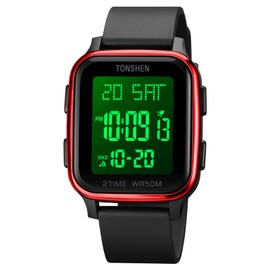 TONSHEN Unisex LED Electronic Digital Watch Outdoor Waterproof Sports Watch Double Time Alarm Countdown Stopwatch Plastic Watches with Rubber Strap, red, Strap.