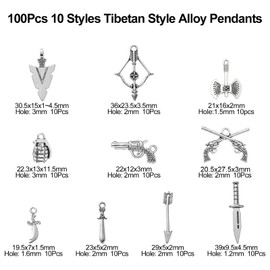 Ipotkitt 100 Pcs 10 Styles Vintage Charms Weapon Axe Connectors Knife Arrow Sword Charms for Punk Necklace Bracelet DIY Jewelry Accessaries