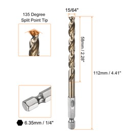 HARFINGTON 5pcs 1/4" Hex Shank Drill Bit 15/64" Gold Oxide M35 High Speed Steel Twist Drill Bit 135 Degree Split Point Tip Drilling Tool with Quick Change Hex Shank for Metal Wood Plastic