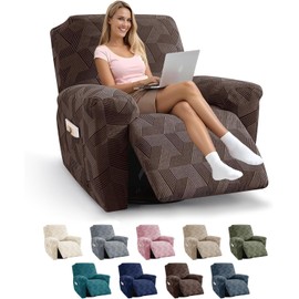 JIVINER Recliner Chair Covers,3 Pieces Recliner Covers Geometrical Jacquard, Stretch Lazy Boy Recliner Slipcovers with Elastic Bottom for Pet, Kids (1 Seater, Brown)