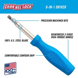 CHANNELLOCK 61H 6-in-1 Professional Multi-Bit Screwdriver, Made in USA, Includes Slotted Tips, Phillips Tips, and Nut Drivers, Alloy Steel Shaft, Molded Tri-Lobe Grip
