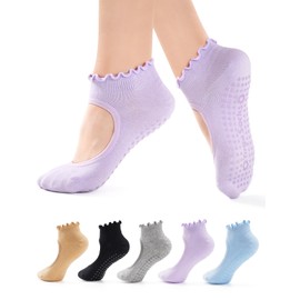 hongqu us 5 Pairs Pilates Socks for Women Non Slip Grip Yoga Socks Ankle Grippy Socks Woman for Barre, Hospital, Barefoot