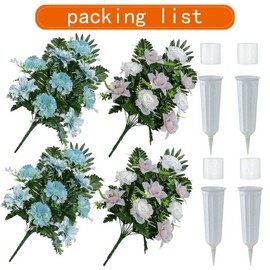 XONOR Artificial Cemetery Flowers, Outdoor Grave Flowers Decorations, Spring Memorial Bouquet with Vase for Headstone Outdoor Grave Decoration, Set of 4 (Hydrangea, Peony)