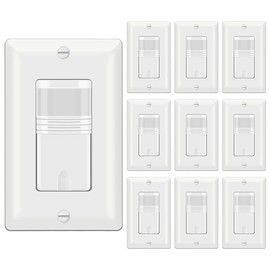 BESTTEN 10 Pack Motion Sensor Light Switch, Single Pole PIR Sensor Wall Switch, Occupancy & Vacancy Modes, 120V/277VAC, 60Hz, 1/6HP, Neutral Wire Required, Wall Plate Included, UL Listed, White