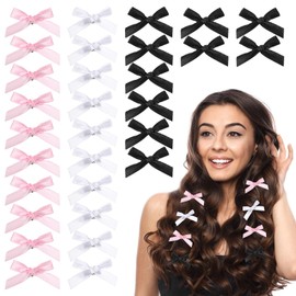 Ajcotahm 30PCS Bow Hair Clips small bows Satin Mini Bowknot Barrettes Cute Hair Accessories for Women & Girls (Pink White Black)