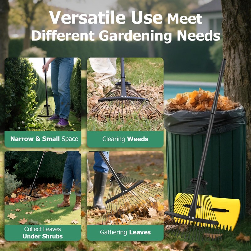Extra Wide 22-Tines Adjustable Leaf Rake & Leaf Scoops Set,