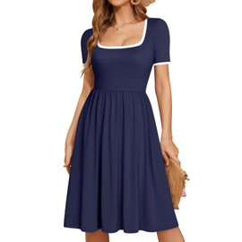 YATHON Womens Summer Dresses Knee Length Short Sleeve Scoop Neck Fit and Flare Loose Fitting Dress Womens Dresses for Wedding (YT322-Navy,L)