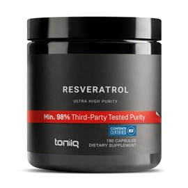 Toniiq Cápsulas de resveratrol de ultra alta pureza – 98% trans-resveratrol – altamente purificadas y altamente biodisponibles – Suplemento de reservatrol de 180 cápsulas
