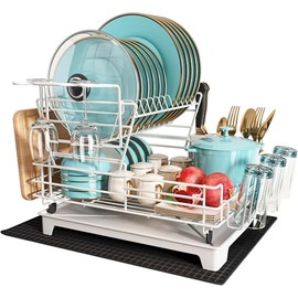 BOOSINY 2 Tier White Large Stainless Steel Dish Drainers Drying Rack for Kitchen Counter with Drainboard, Rust Proof Metal, Space Saving, Modern Aesthetic, Compact Plates Strainers with Extra Mat