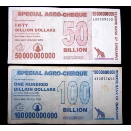 10 Zimbabwe agro cheque banknotes 5 x 50 & 100 Billion Dollars