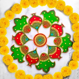 Tarini Gallery Acrylic Handcrafted Designer Colourful Rangoli for Pooja Home Inerior Decoration Gift Wall Decoration Floor Decoration New Year Party Gift (Red Green Design-2)