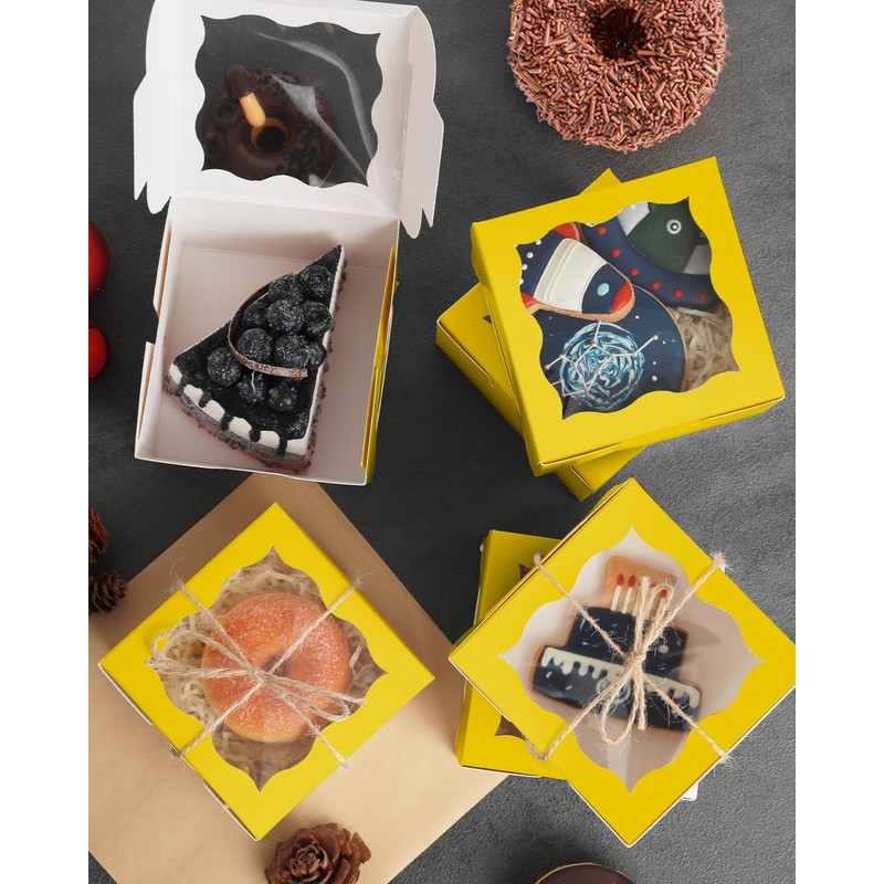 Bakepacker 4x4x2.5" Yellow Bakery Box with Window 30pcs Macaron Boxes