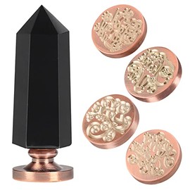 SUNYIK Wax Seal Stamp Set, 6 Faceted Crystal Point Stone Handle with 4 Wax Seal Stamps Head for Envelope Wedding Invitations, Black Obsidian Handle & Good Luck Thank You Love Happy Birthday Pattern