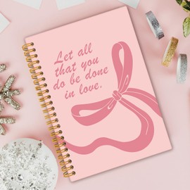 Locomiss Christian Coquette Pink Bow Spiral Notebook, Inspirational Preppy Aesthetic Journal Notebooks for Women, Let All That You Do Be Done In Love Bible Journaling Hardcover Notebook 5.5x8.3