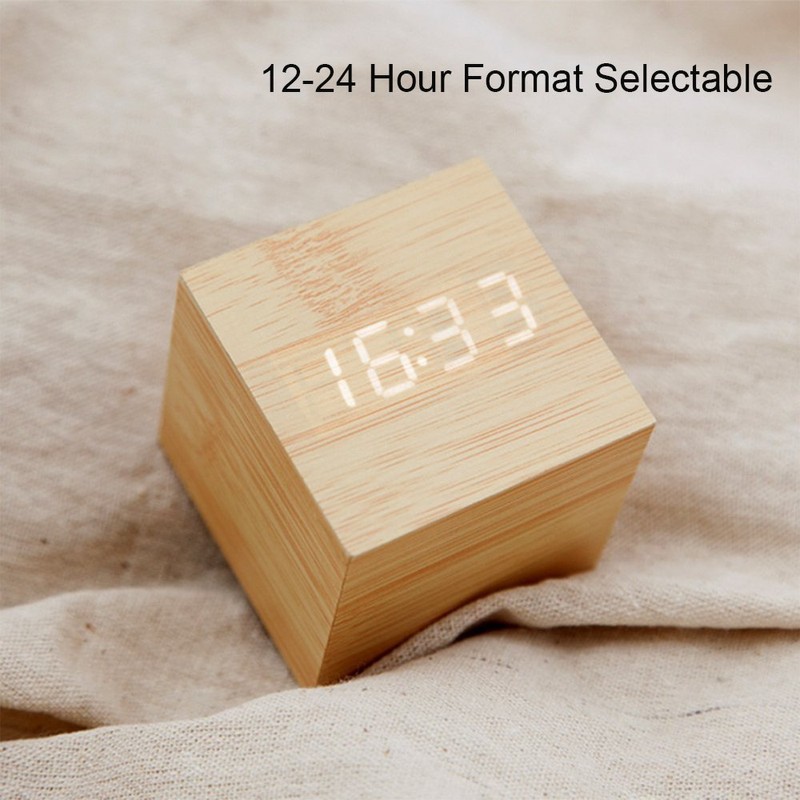 Onerbuy Wooden Digital Cube Alarm Clock Touch Sound Activated Desk