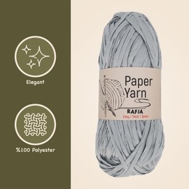 Paper Raffia Yarn 1 Strands Kraft Paper Yarn Raffia Yarn Soft Raffia Ribbon Yarn Polyester Yarn for Crocheting DIY Weaving - Total Length 170 m (180 yds 150 g) (Light Grey)