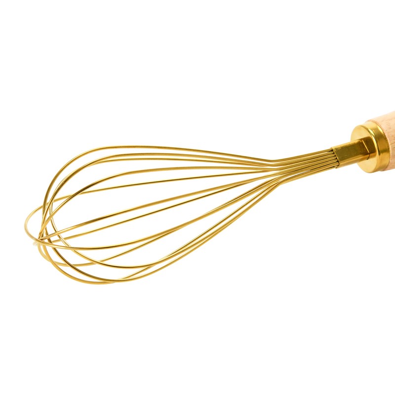 "Bloomingville Standing Stainless Steel Wood Handle, Gold Finish Whisk, 10.25"""