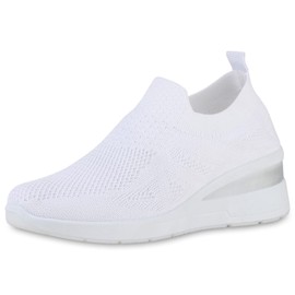 VAN HILL Women's Wedges Wedge Heel Rhinestone Knitted Trainers, White Trendy, 39 EU