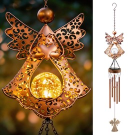 Yeomoo Metal Wind Chime Garden with Solar Angel Decoration for Outdoors: Wind Chimes Hanging Garden Decoration Gifts for Women Mum Birthday Gift Glockenspiel for Patio Balcony Hallway Copper