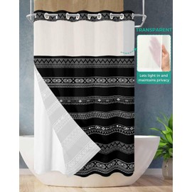 No Hook Geometric Shower Curtain with Snap in Liner Hand Drawn Black Ethnic Stripes Shower Curtain for Bathroom, Fabric Waterproof Inner Liner, Hotel Style with Mesh Top Window, 54x78
