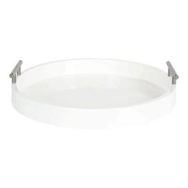 White Gorgeous Round Ottoman Tray for Living Room 15.5" Diameter Size, Wood Material, Silver Metal Handles, Modern & Contemporary Style, Glossy Finish | Pretty Ivory Shade, Sturdy and Highly Durable