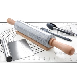 SIPARUI Marble Rolling Pin Set with Silicone Pastry Mat,Stainless Steel Scraper,Silicone Brush,Silicone Tongs,18.5 inch Polished Non-Stick Roller for Pizza Dough,Fondant,Pie Crust(Gray White)