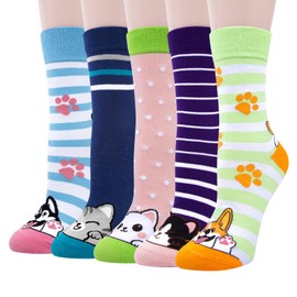 5 Pairs of Women's Cotton Animal Socks with Cute Cat Animal Pattern, Funny Colourful Socks, Gift for Women, One Size, dog cat, One size fits all