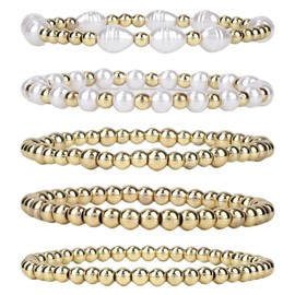 Mikovivi 5pcs Gold Beaded Bracelets for Women, Gold Pearl Stretch Bracelet Stack Non Tarnish Dainty Elastic Bead Jewelry Set Trendy Stackable Boho Fashion Accessories