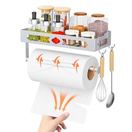 Paper Towel Holder Wall Mount, MAYZOLOP Easy One-Hand Tear Design Paper Towel Holder with 2 Hooks, Fits Kitchen, RV, Bathroom, Self-Adhesive or Drilling Installation, Silver