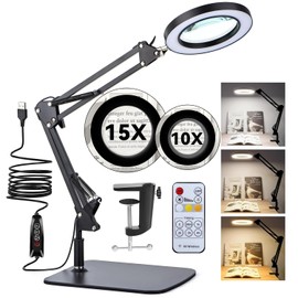 Lupa con luz LED 15X/10X，3 Modos de Color Lampara con Lupa y Luz Led, con Mando a Distancia, Soporte y Pinza, Apagado Temporizado, 72 Cuentas de Lámpa