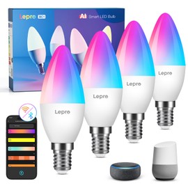 Lepro Lepro AI Smart Glhbirne BC1, 4.9W 470LM Glhbirne E14 Dimmbar, KI-Lichtdesign-Assistent, Warmwei?-Kaltwei? und RGB, Kompatibel mit Alexa/Google, Sprachsteuerung/Musik Sync, WiFi & Bluetooth, 4 Stck