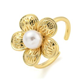 Hemasa Flower Model Pearl Beaded Open Cuff Ring, with Real 18K Gold Plated for Women/Girls