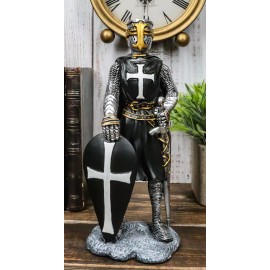 Black Cloak Medieval Crusader Swordsman With Shield Of Faith Knight Figurine