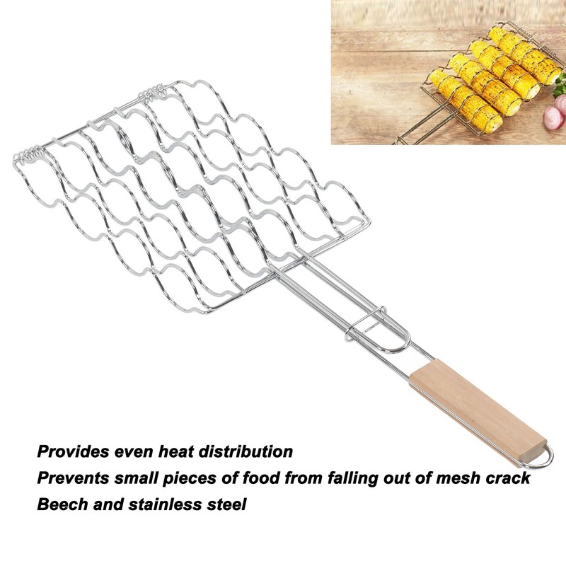 Corn Grilling Basket Stainless Steel Beech Wood Handle Even Heat