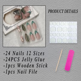 ROFIBUT Green Tortoise Press on Nails Medium Almond Fake Nails with Silver Star Design Gold Curve Line Gel Glue on Nails Glossy False Nails Reusable Y2K Green French Acrylic Nails for Women 24Pcs
