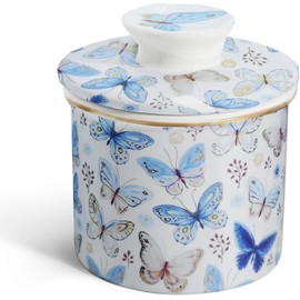 LEAZUL Ceramic Butter Dish With Gold Butterfly Floral Print,Cute Flower French Butter Crock for Counter With Water Line Butter Container Keeper Storage Fresh Spreadable Butter with Lid for Home Décor