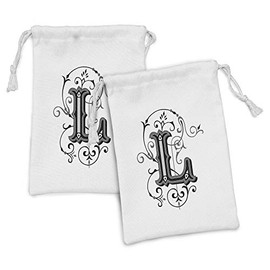 Ambesonne Letter L Fabric Pouch Set of 2, Ornated Capital L Calligraphy Initials Alphabet Family Name Medieval Culture, Small Drawstring Bag for Toiletries Masks and Favors, 9" x 6", Black Grey White