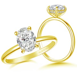 Elspeth 925 Sterling Silver Oval Engagement Rings 1.5CT Oval Cut Solitaire Cubic Zirconia Yellow Gold Wedding Promise Rings for Women Size 10