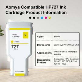 Aomya 300ml Yellow Ink Cartridge Dye Ink Compatible for HP 727 Works for DesignJet T920 T930 T1500 T1530 T2500 T2530 Printers