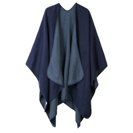Urban CoCo Women's Color Block Shawl Wrap Open Front Poncho Cape (Series 7-Navy Blue)