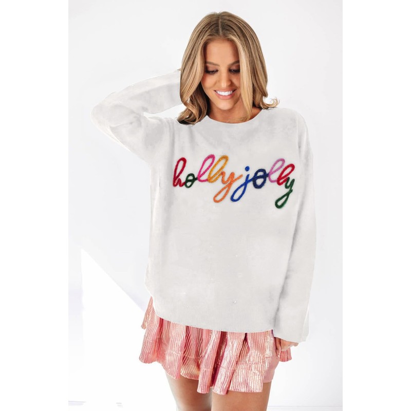 LEMAFER Women's 2024 Christmas Holly Jolly Sweater Round Neck Sequin