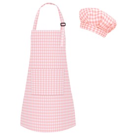 TOPWAYS Kids Apron and Chef Hat Set, Adjustable Check Child Chef Aprons with Pockets for Kids Painting Baking Cooking (Pink, L)