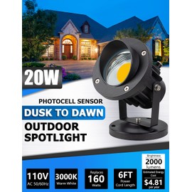 SUNVIE 20W Outdoor LED Spotlight with Photocell Sensor 120V Waterproof Dusk to Dawn Landscape Lighting 3000K Warm White Spot Lights Outdoor for Yard Flag Tree Garden Decor 6 FT Cord with US 3-Plug in