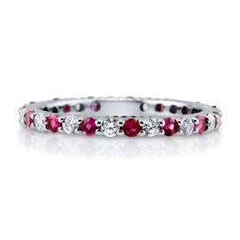 BERRICLE Sterling Silver Simulated Ruby Pave Set Round Cut Cubic Zirconia CZ Stackable Fashion Anniversary Eternity Ring for Women, Rhodium Plated Size 5.5