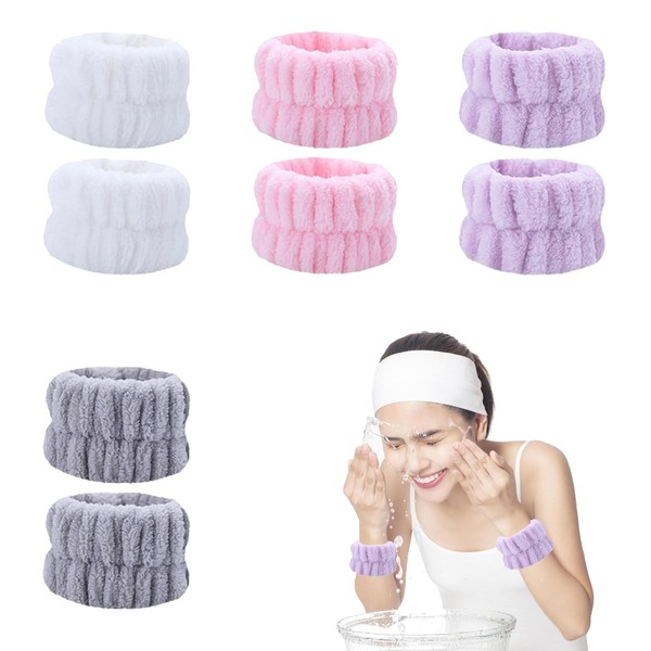 Pack of 8 Wrist Wash Bands, Elastic Make Up Hair Band, Spa Bracelets for Absorbent Sweat Band, Hair Band, Cosmetics, Wrist Washband for Women Girls (White, Grey, Pink, Purple)